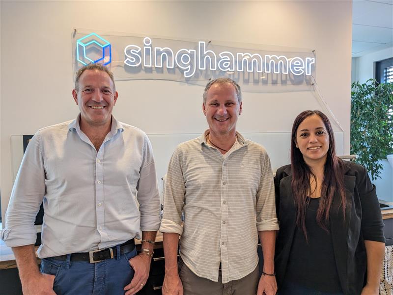 Bluefort's Global Partner Lead Will Newton, and Business Central Consultant Yanika Abela, with Singhammer CEO Roger Friederich, at Singhammer's offices in Munich.