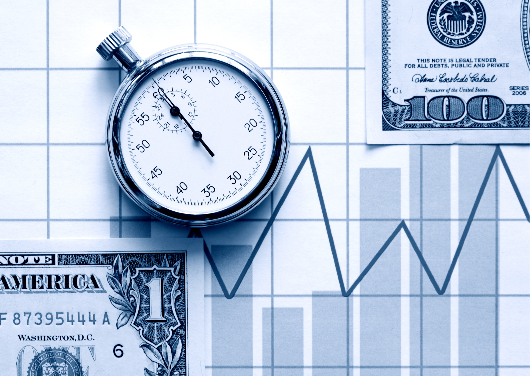 A blue graph in the background, with money and clock resting on it.