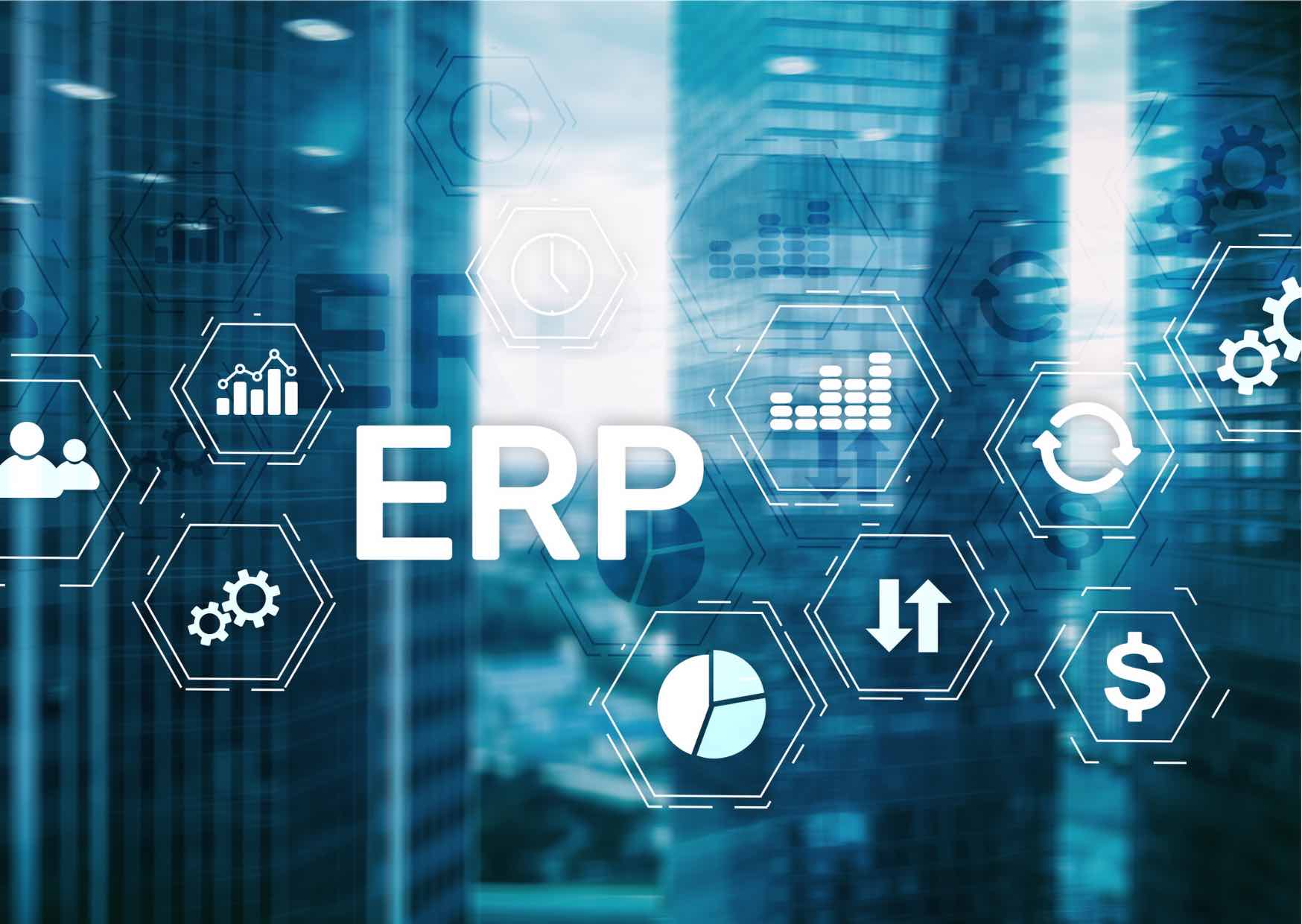 A blue transparent screen with white symbols and "ERP" on it. In the background are skyscrapers.