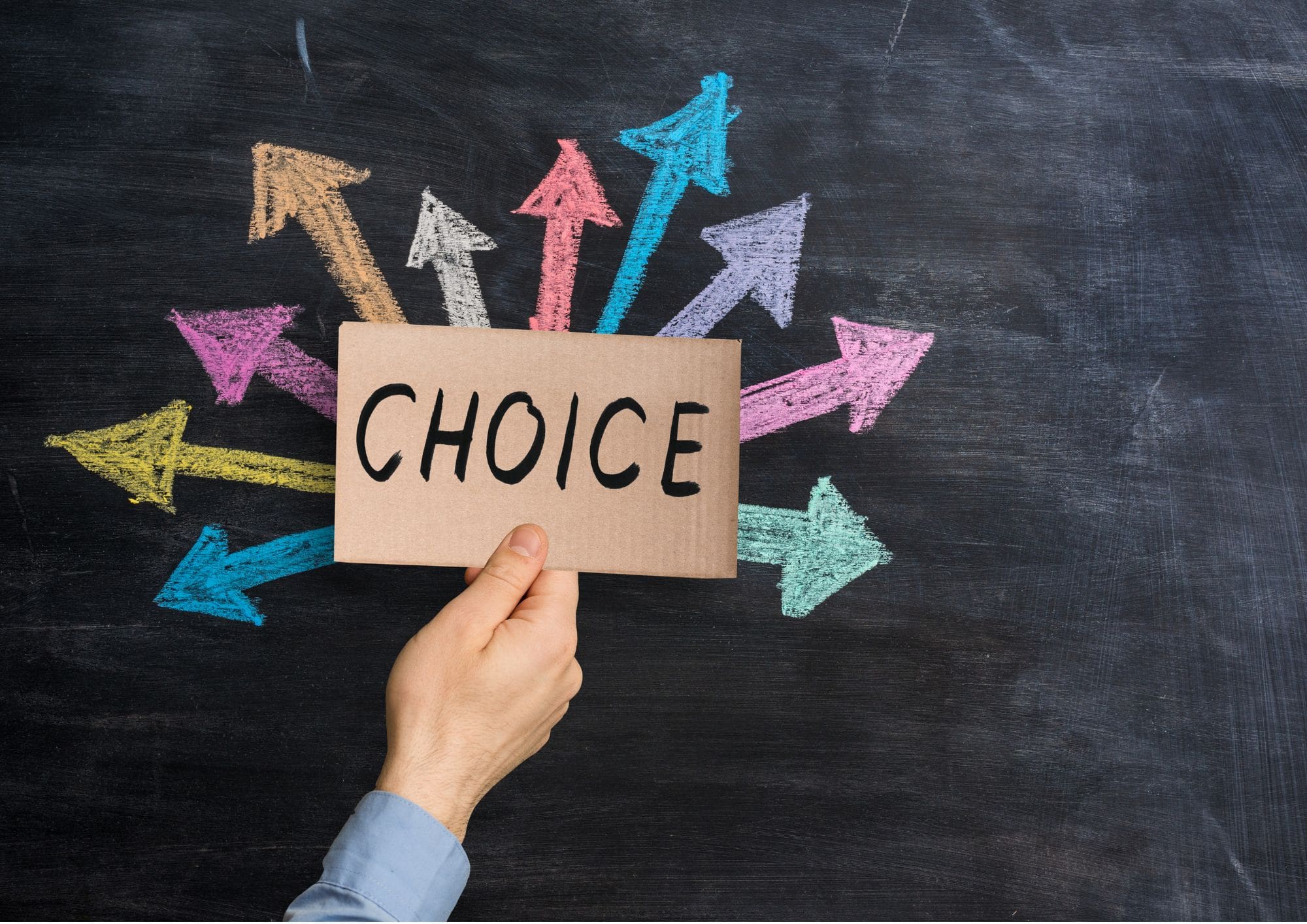A hand holding up a sign that says "choice": with different arrows pointing in different directions.
